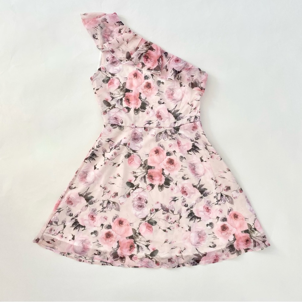 NWOT Pink Floral One Shoulder Ruffle Trim High Waist Flared Mini Dress XS